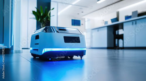 Autonomous robotic cleaning unit, systematically vacuuming and sanitizing a high-tech corporate office with laser precision —ar 16:9 