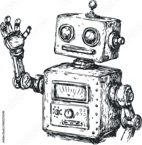 Hand drawn metallic robot waving hello with expressive eyes and controls