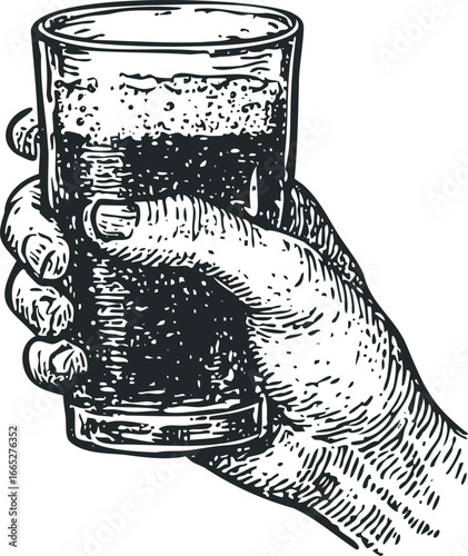 Hand holding a glass of dark liquid with visible condensation