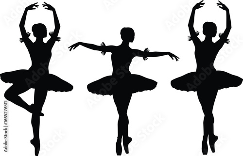 Ballerina silhouette set, black vector icons of ballet poses, tutu and pointe shoes, graceful dance illustration, artistic posture graphic
