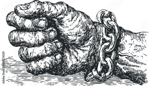 Fist clenched and chained, symbolizing restriction and struggle