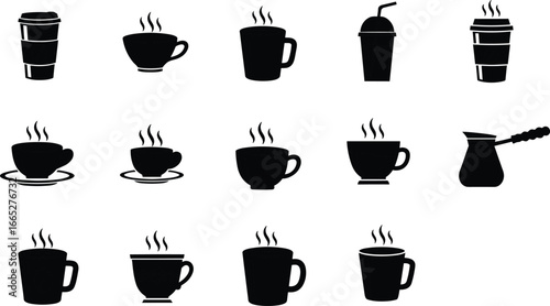Coffee cup silhouette icon set, black vector mugs and steam cups, hot beverage illustration, café drinkware graphic, espresso design