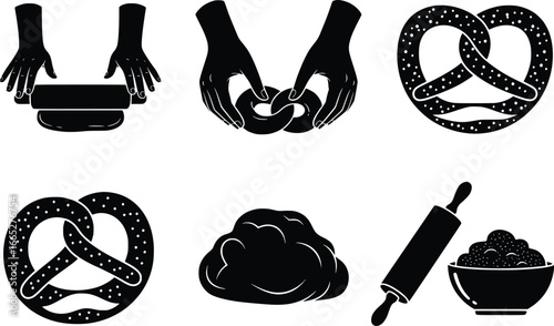 Bakery silhouette icons set food dough pretzel rolling pin pastry making process