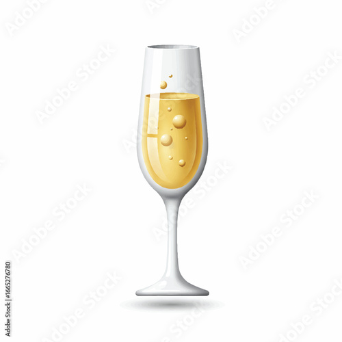 This elegant 3D gradient vector depicts a graceful champagne glass filled with shimmering golden liquid and effervescent floating bubbles, radiating a minimalistic glow on a pristine white background.