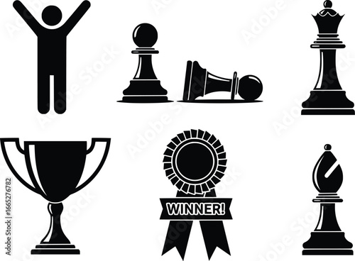 Set of silhouetted chess pieces trophy and winner ribbon icons for victory and strategy concepts