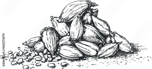 Hand Drawn Pile of Dried Cocoa Pods and Beans on White Surface