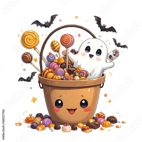 Cheerful cartoon ghost in a kawaii bucket of Halloween sweets, surrounded by bats on a white background
