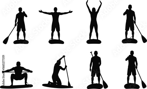 Stand-up paddleboarding silhouette set, black vector icons of SUP poses, water sport activity illustration, paddler posture and motion graphic