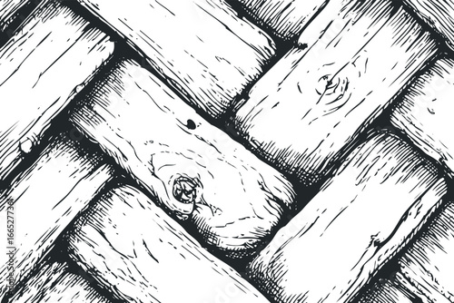 Textured black and white sketch of interwoven wooden planks