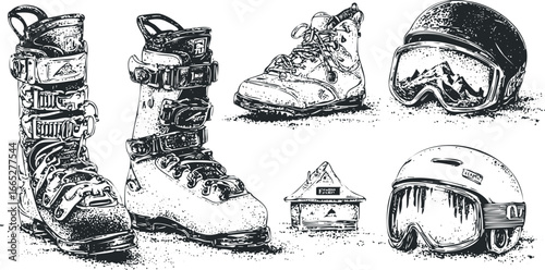 Winter Sports Equipment Featuring Ski Boots and Snow Goggles