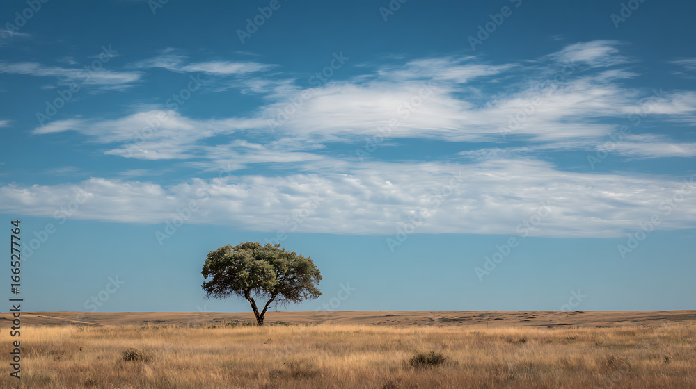 Obraz premium Lone tree stands majestically in a vast, golden landscape under a bright blue sky