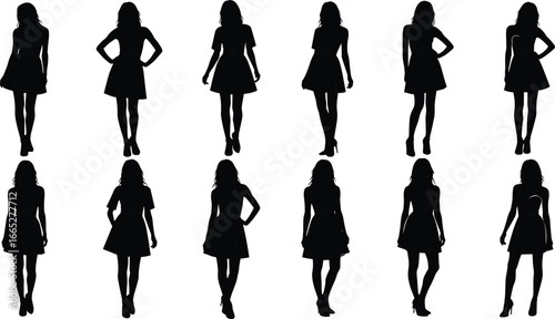 Woman silhouette icon set, black vector fashion poses, short dress, high heels, standing stances, character modeling illustration