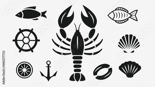 Nautical icons lobster fish anchor shells steering wheel