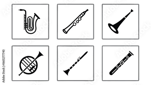 Musical wind instruments collection saxophone clarinet