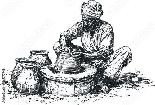 Indian craftsman shaping clay on a potter's wheel surrounded by earthenware vessels