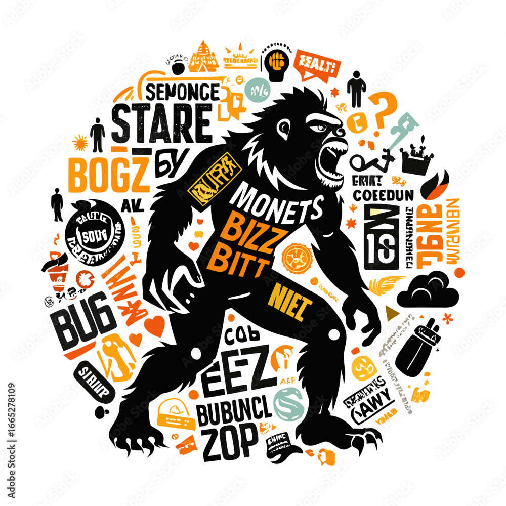 Obraz premium Creative Ape Silhouette Surrounded by Bouncing Startup Buzzwords Vector Design, Modern Business Concept Illustration for Entrepreneurs and Innovation Projects