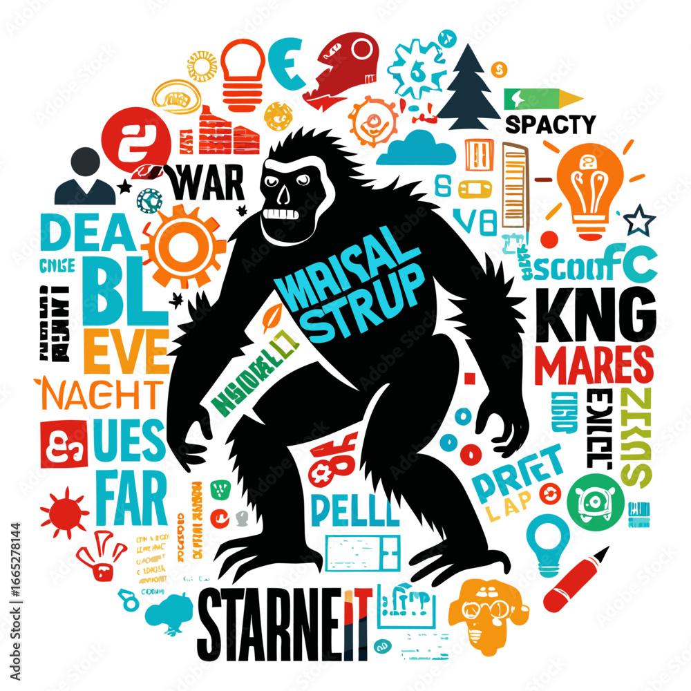 Fototapeta premium Creative Ape Silhouette Surrounded by Bouncing Startup Buzzwords Vector Design, Modern Business Concept Illustration for Entrepreneurs and Innovation Projects