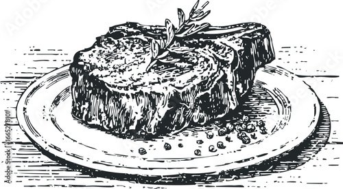 Hearty Beef Steak with Rosemary Garnish and Peppercorns on Plate