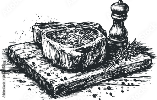 Thick raw beef steaks and seasoning on a wooden board