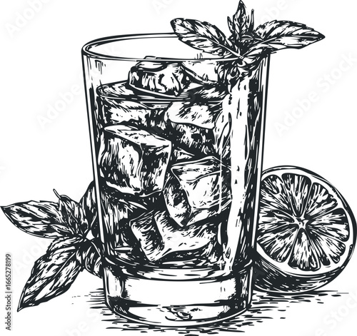 Hand Drawn Beverage With Ice Cubes Lemon Slice and Mint Leaves