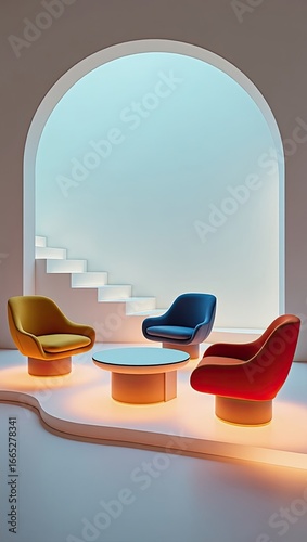 Colorful, modern furniture arrangement in a minimalist interior design.