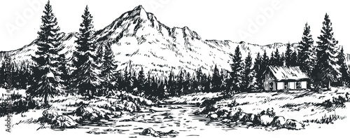 Sketch of a rustic cabin nestled among pine trees with a mountain backdrop and stream