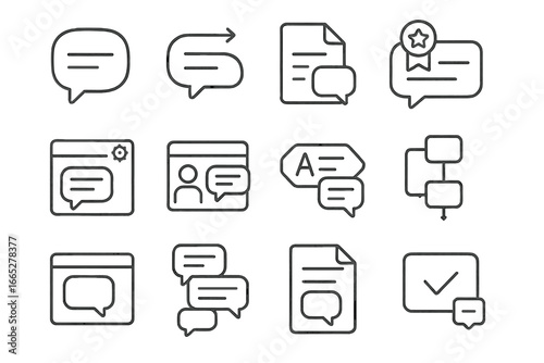 Chat Icon Set. Line style icons of chat scripts and templates: predefined message bubble, response shortcut icon, message template