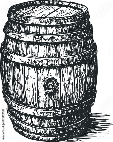 Vintage wooden barrel with metal bands and spigot drawing