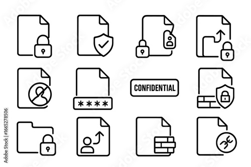File Privacy Icons. Line style icons of file privacy and security: file lock icon, encrypted file badge, access permission tag,