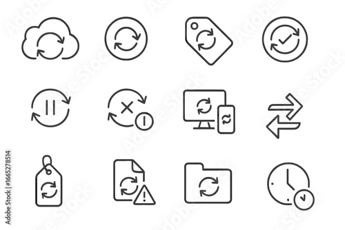 File Sync Icons. Line style icons of file syncing: cloud sync icon, sync progress arrows, auto-sync tag, sync completed badge,