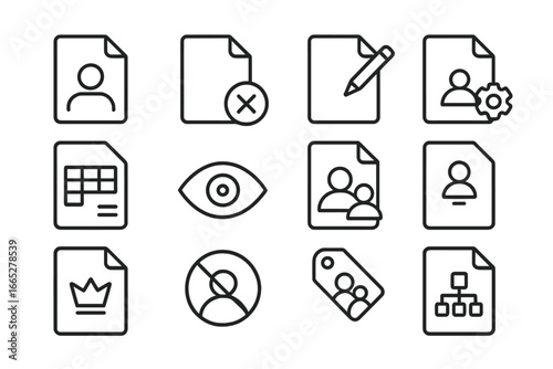 File Access Icons. Line style icons of file ownership and permissions: file owner icon, read-only badge, edit access tag, share