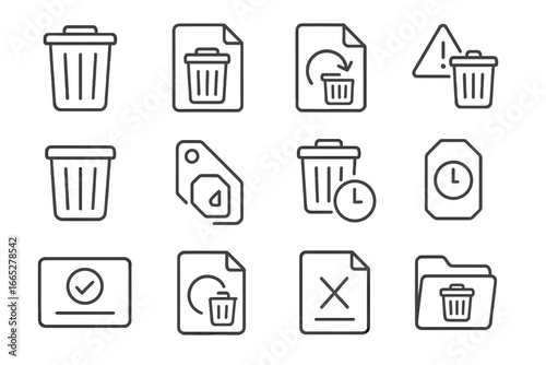 Data Deletion Icons. Line style icons of deleted and recovery: trash bin icon, recently deleted file, restore deleted file,