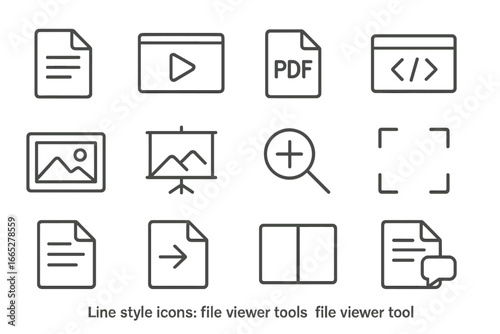 File Viewer Icons. Line style icons of file viewer tools: document preview icon, media viewer window, PDF reader badge, code