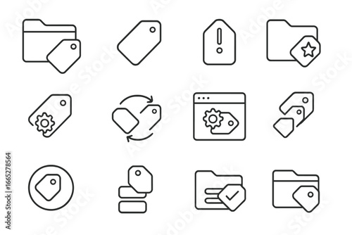 File Tagging Icons. Line style icons of file tagging systems: tag folder icon, color tag symbol, priority label icon, starred file