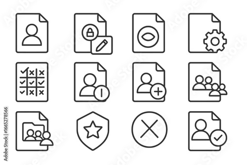 File Access Icons. Line style icons of file ownership and permissions: file owner icon, read-only badge, edit access tag, share