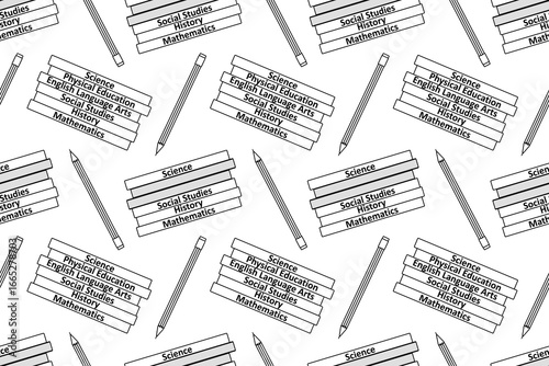 Coloring page of vector seamless pattern with stacks of books on school subjects and pencils. For entertaining kids, back to school, education black and white printable design, and DIY craft activity.