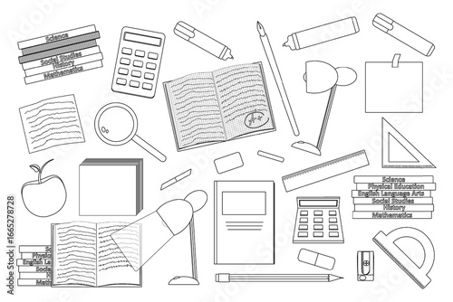Coloring page of school supplies set like books, notebooks, calculators, pencils, markers, desk lamp, note, rulers, eraser, magnifying glass. Entertaining kids, back to school black and white design.