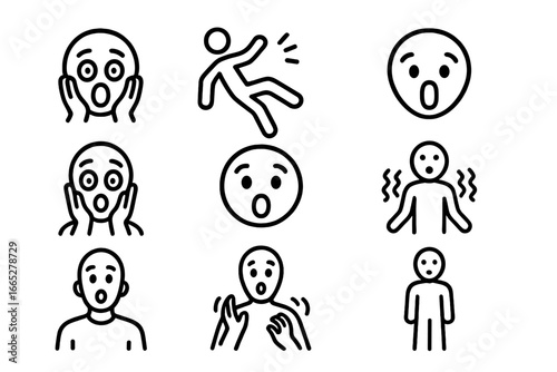Icons of Surprise. Line style icons of surprise and shock: wide eyes, open mouth, raised eyebrows, hands on cheeks, jumping back,