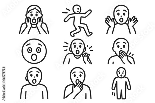 Icons of Surprise. Line style icons of surprise and shock: wide eyes, open mouth, raised eyebrows, hands on cheeks, jumping back,