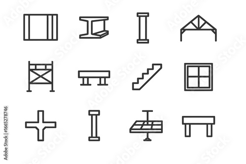Building Structure Icons. Line style icons of building structures: wall frame, steel beam, concrete pillar, roof truss,