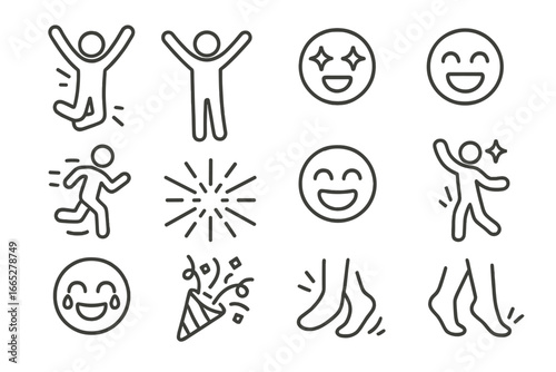 Joyful Energy Icons. Line style icons of excitement and joy: jumping in air, raised arms, sparkling eyes, cheerful laugh,