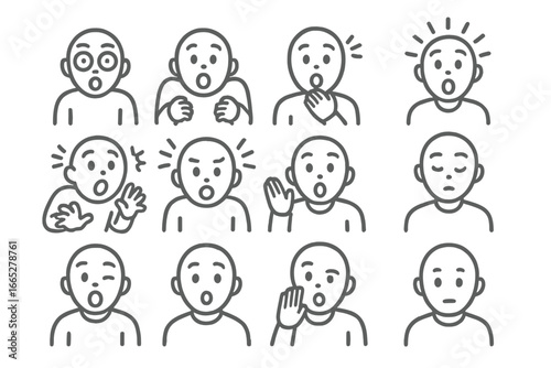 Surprised Expression Icons. Line style icons of surprise expressions: popped eyes, lifted shoulders, shocked mouth, gasp pose,