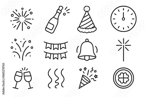 New Year Icons. Line style icons of New Year symbols: fireworks burst, champagne bottle, party hat, countdown clock, confetti