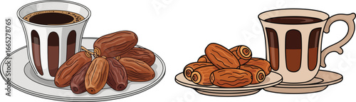 Traditional Middle Eastern coffee and dates, served in elegant cups and on plates.