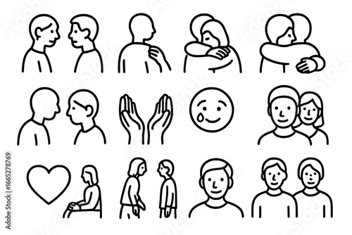 Empathy Icon Set. Line style icons of empathy and care: gentle eye contact, hand on shoulder, comforting hug, listening posture,