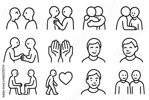 Empathy Icon Set. Line style icons of empathy and care: gentle eye contact, hand on shoulder, comforting hug, listening posture,
