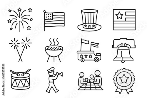 Independence Day Icons. Line style icons of Independence Day: fireworks display, national flag, patriotic hat, stars and stripes,