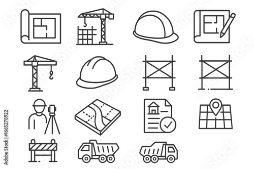 Construction Element Icons. Line style icons of construction and development: blueprint icon, building under construction,