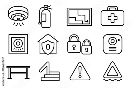 Housing Safety Icons. Line style icons of housing safety: smoke detector, fire extinguisher, emergency exit map, first aid kit,