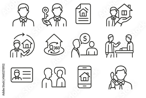 Real Estate Icons. Line style icons of real estate agents: agent avatar, key in hand, showing a home, virtual tour, property